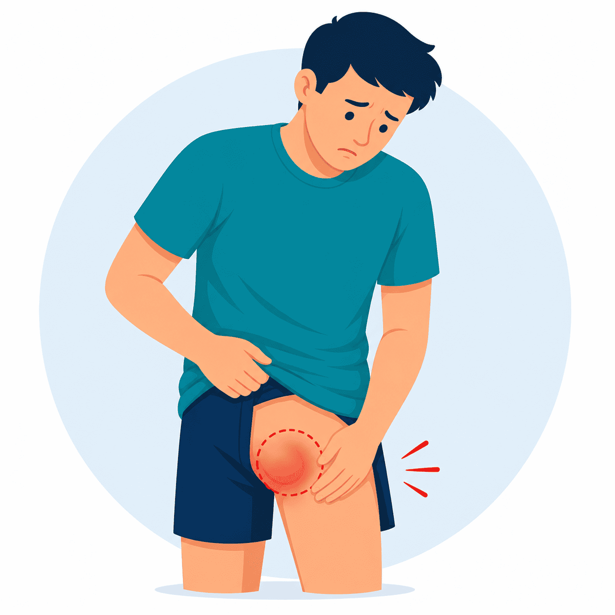 Bulge or swelling in the upper thigh or groin
